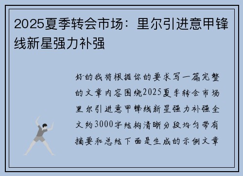 2025夏季转会市场:里尔引进意甲锋线新星强力补强 2025夏季转会市场:里尔引进意甲锋线新星强力补强