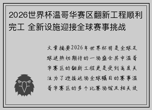 2026世界杯温哥华赛区翻新工程顺利完工 全新设施迎接全球赛事挑战